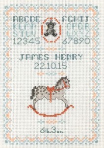 rocking horse birth sampler cross stitch kit pink or blue