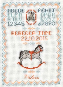 Rocking Horse Birth Sampler cross stitch kit pink or blue