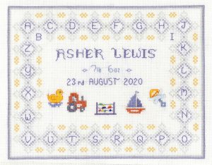 ABC blue birth sampler cross stitch kit