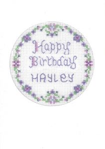 Mauve round birthday card cross stitch