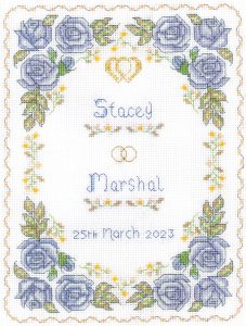 Roses dusky blue wedding sampler cross stitch