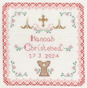 Pink Christening Sampler cross stitch kit