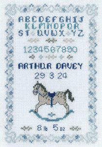 blue rocking horse birth sampler cross stitch