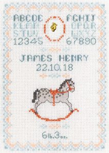 Rocking Horse Birth Sampler cross stitch kit blue