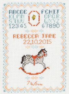 Rocking Horse Birth Sampler cross stitch kit pink or blue