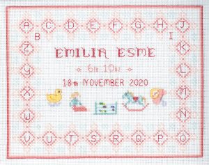 ABC pink birth sampler cross stitch kit