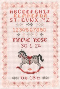 pink rocking horse birth sampler cross stitch kit